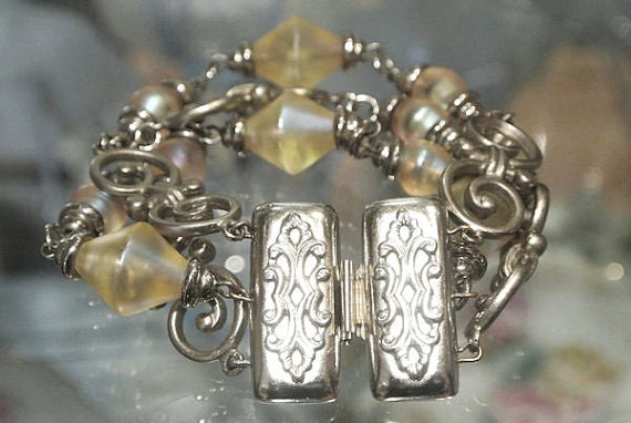 Ben Amun Haute Couture Bracelet Pewter High End Designer Artisan Iridescent Frosted Glass Tri Three Strand Bracelet Egyptian Royal Family