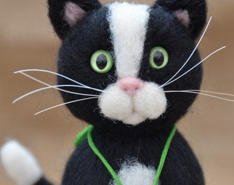 Needle felted cat, black & white cat handmade by ElviFelts
