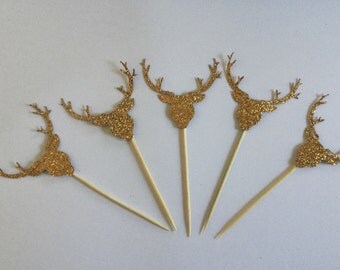 Antler Deer Stag Woodland Theme Gold Glitter Cupcake Toppers Birthday Party wedding decor cake glitter gold hunting
