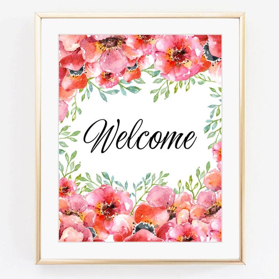 Welcome print Home quote Watercolor flowers Flowers print