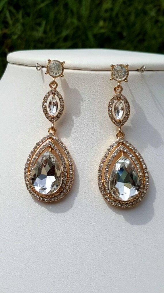 Tear drop gold rhinestone earringsdangle earrings by BlueBrides