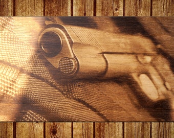 A Gun Pyrography Art, A Gun Extraordinary Wood Burned Wall Art, Great Gift, Unusual Wood Burned Birthday Gift, Gift for Him, Gift for Her