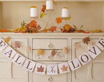 FALL IN LOVE banner bunting for fall weddings, autumn weddings, bridal showers, engagement parties