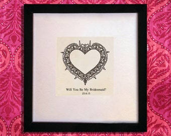 Personalizzata regalo 'Essere mia damigella d'onore'. Opera d'arte di disegnato a mano, regalo personalizzato.