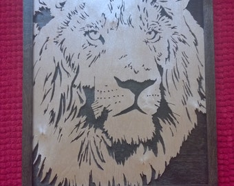 New Hand Crafted Birch - Lion Scroll Saw Picture - Stained Birch Plywood Lion And Black Painted Backboard