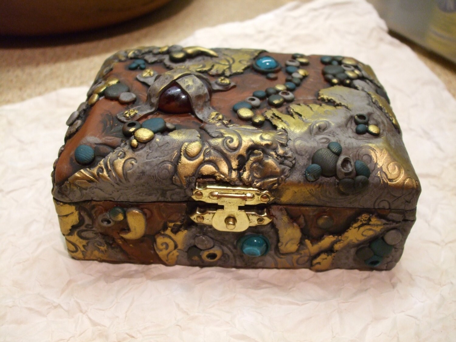 Wooden box covered in polymer clay by ReevarooCreations on Etsy