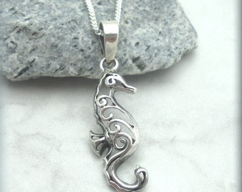 Filigree Seahorse Necklace, Sterling Silver, Beach Jewelry, Ocean Jewelry, Beach Necklace, Sea Horse Necklace, Ocean Animal (SN897)