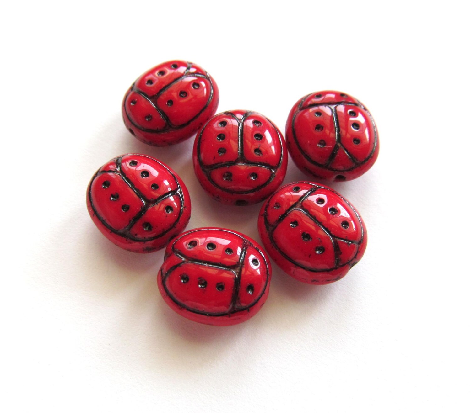 Plump Red Czech Glass Ladybug Beads with Black Inlay 13mm 6