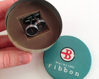 Typewriter-key cufflinks in a vintage Mainline tin - black '1' and '8' keys, happy 18th birthday gift