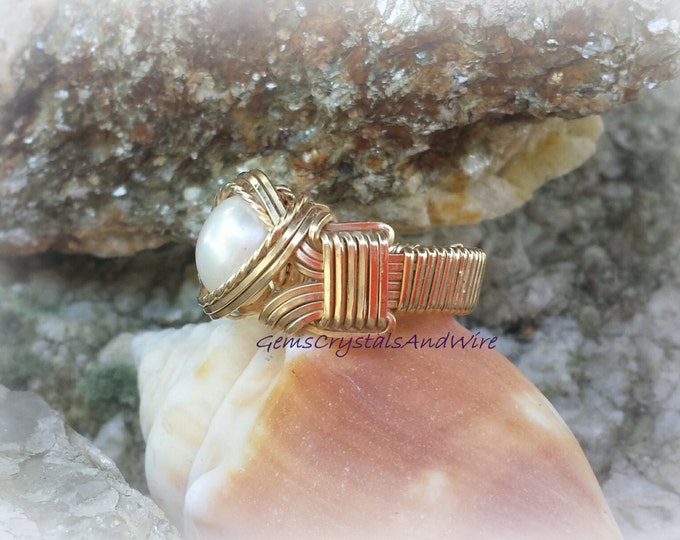 Gold Ring, Wire-Wrapped Ring, Pearl Ring, Ladies Ring, Statement Ring, Gift Idea