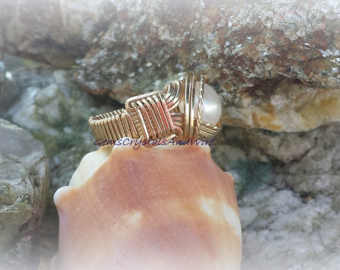 Gold Ring, Wire-Wrapped Ring, Pearl Ring, Ladies Ring, Statement Ring, Gift Idea