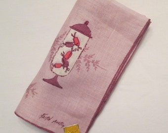 Vintage Faith Austin All Linen Handkerchief - Collectible - Mauve Candy Jars