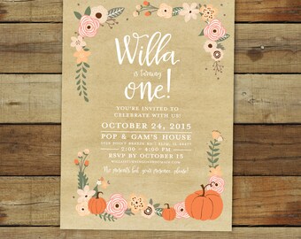 Pumpkin birthday party invitation, fall birthday, peach and coral pumpkin first birthday party invitation, 1st birthday printable invitation