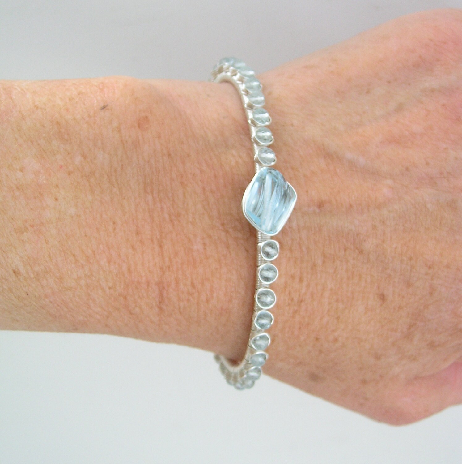 Aquamarine Sterling Cuff Wire Wrapped Silver Bracelet Blue