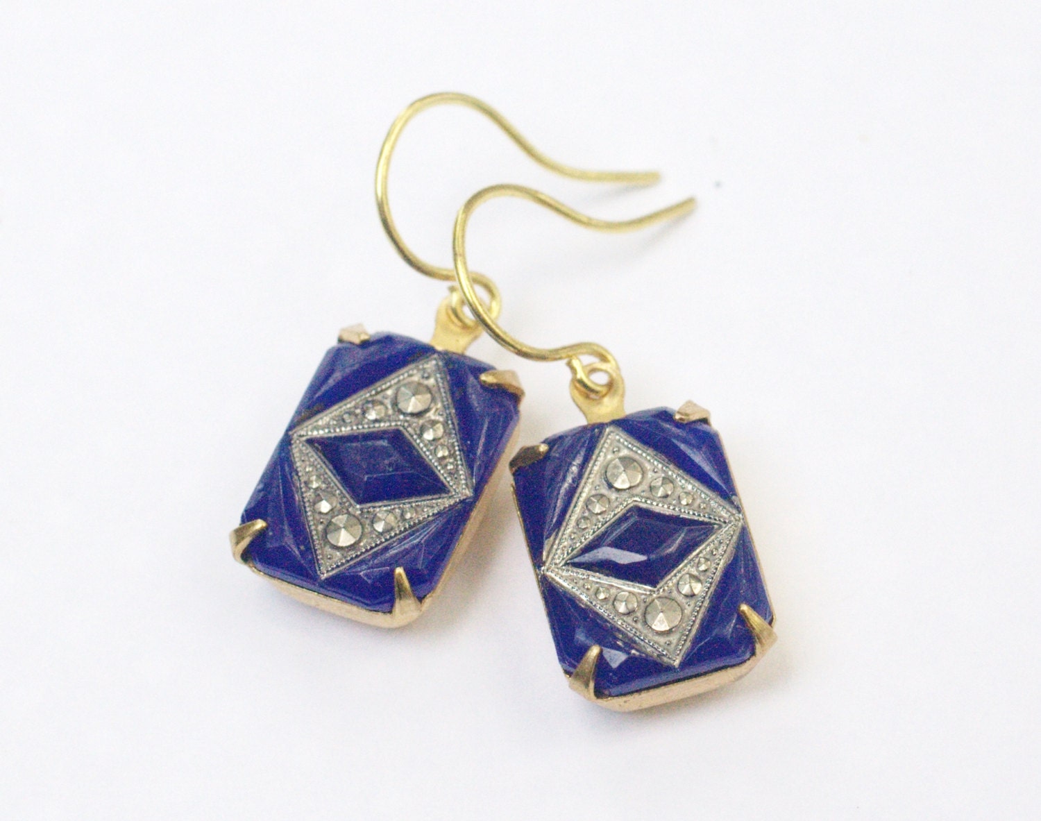 Vintage sapphire blue earrings glass marcasite look molded