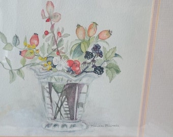 Vintage Original Still Life Flower Vase Watercolor Painting