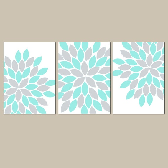 Gray Aqua Wall Art CANVAS or Prints Bedroom Pictures Flower