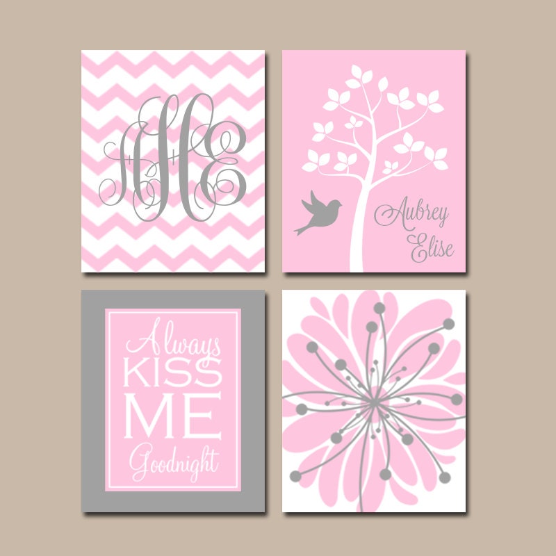 PINK GRAY Nursery Wall Art CANVAS or Prints Baby Girl Nursery