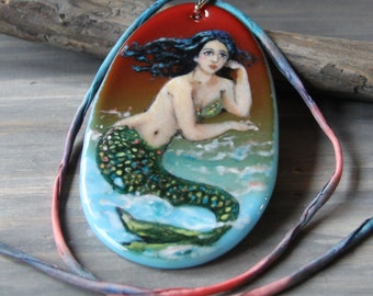 Amazing Mermaid at the beach - fused glass pendant - mermaid nekclace
