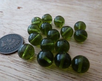 24 Vintage 9mm Olive Green Glass Beads C37