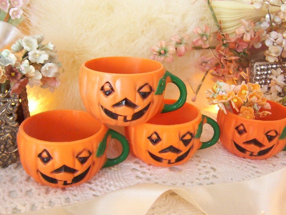 nut cups,  halloween mugs faces, four, little of vintage nut set handled decor, cups holiday cups