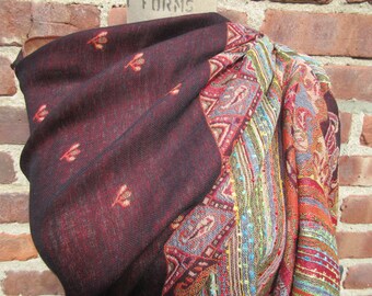 Black Red Tribal Pashmina Scarf Multicolored shawl Stripe Borders Warm Winter muffler Soft Cozy Muffler boho chic Accessory Gift for her