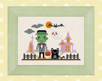 Frankenstein goes trick-or-treating. Cute Modern Simple Halloween Cross Stitch Pattern. PDF Instant Download