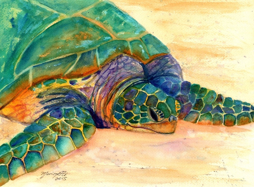 Original Sea Turtle Watercolor Painting Kauai Art Hawaiian