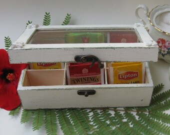 Cream Tea Bag box Shabby Chic Home Decor / Tea bag box, wooden tea box, rustic tea cabinet