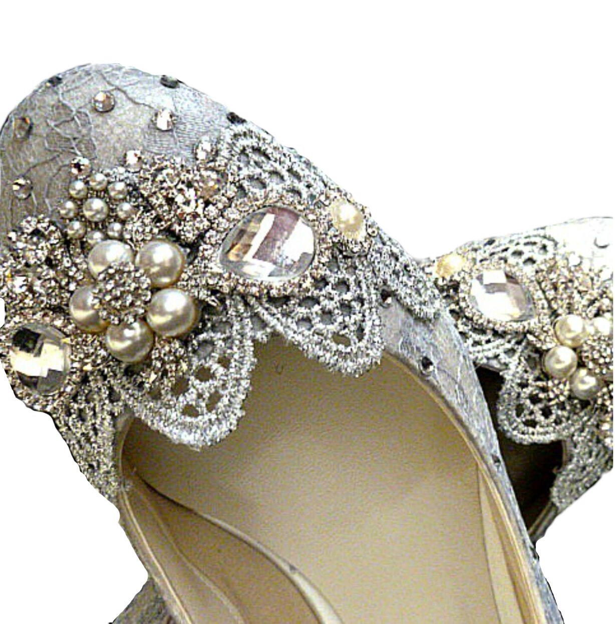 Silver Wedding Shoes .. Silver Lace .. Silver Lacy Shoes.. Low