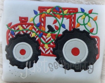 Tractor with Christmas Lights Embroidery Applique Design