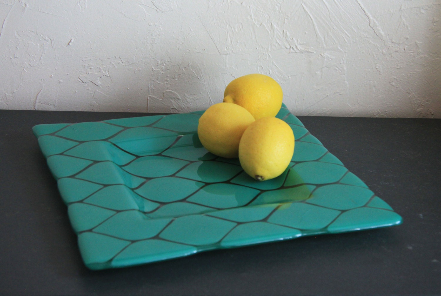 Fused Glass Platter in Teal and Clear by RedLeafofSantaFe on Etsy