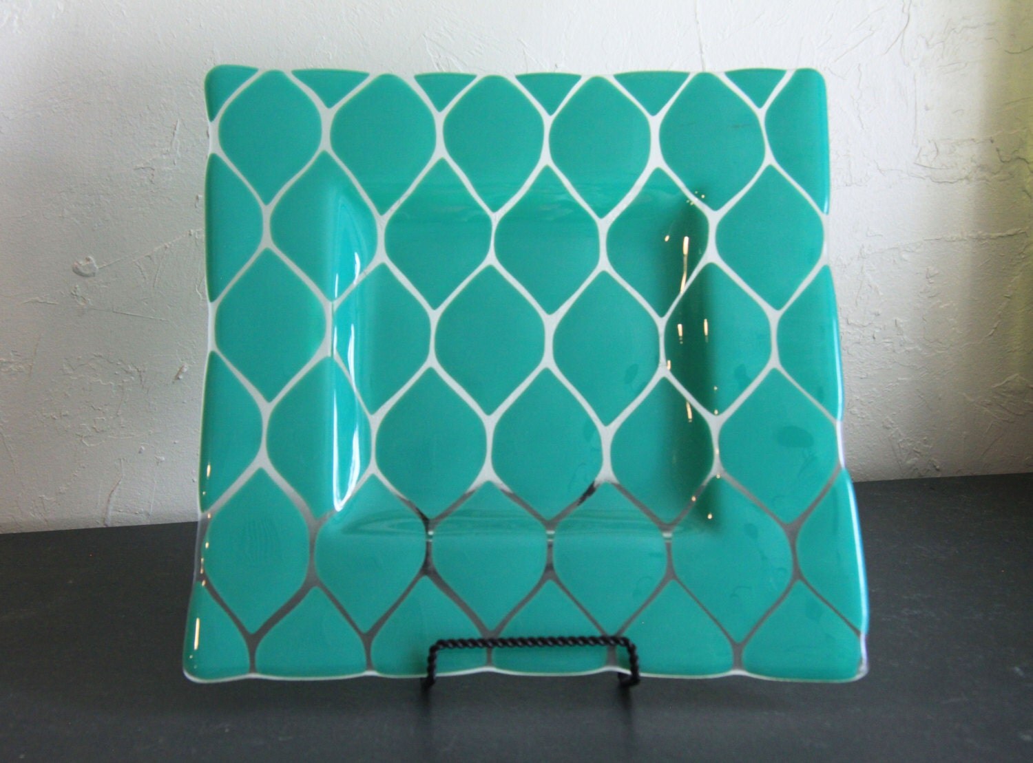 Fused Glass Platter in Teal and Clear by RedLeafofSantaFe on Etsy