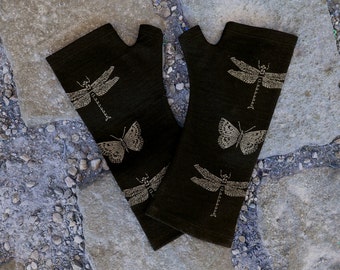 Merino wool fingerless gloves - black, printed with dragonfly and butterfly screen print B055