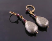 Pyrite Earrings with wire wrapped Lever Back Ear Wires, Garnet Earrings, Solid Brass Earrings, Pyrite Jewelry