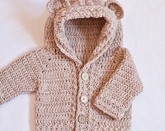 Crochet PATTERN - Bear Hooded Cardigan (sizes baby up to 8 years)
