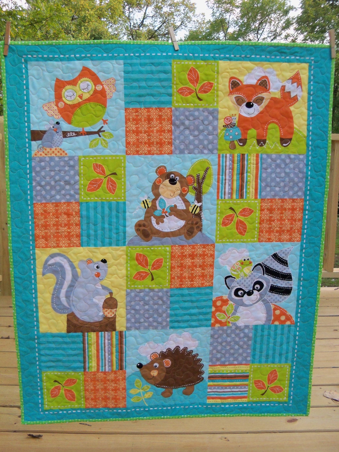 Modern Baby Quilt Woodland Creatures Handmade Nursery Crib