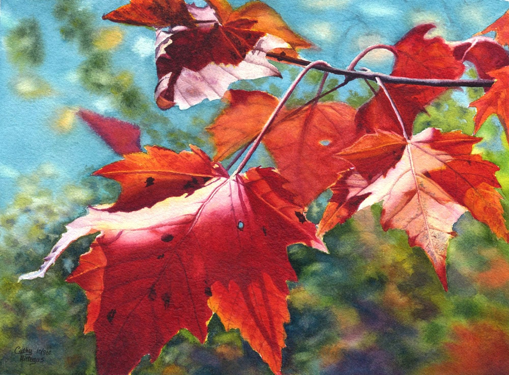 Autumn Leaves Art Watercolor Painting Print By Cathy Hillegas