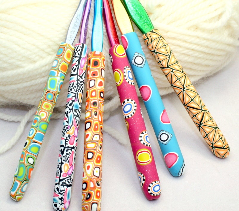 Polymer clay crochet hook Susan Bates new hooks 6 designs