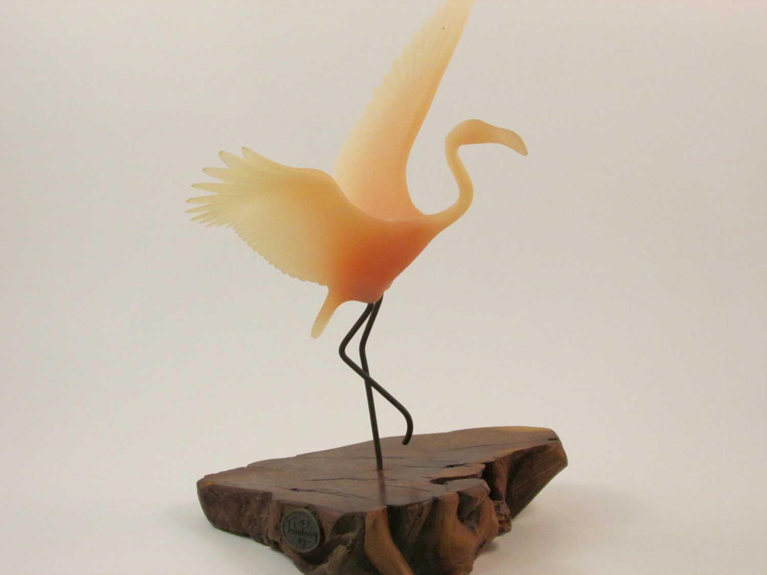 Vintage John Perry Flying Flamingo Sculpture on Burl Wood Base