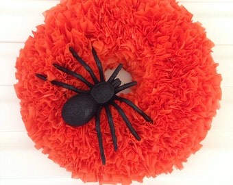 Halloween Wreath Orange Wreath Black Glitter Spider Indoor Outdoor Decoration Vinyl Rag Wreath Outdoor Halloween Decoration Spider Wreath