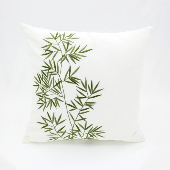 Bamboo Throw Pillow Cover Cream Linen Green Bamboo