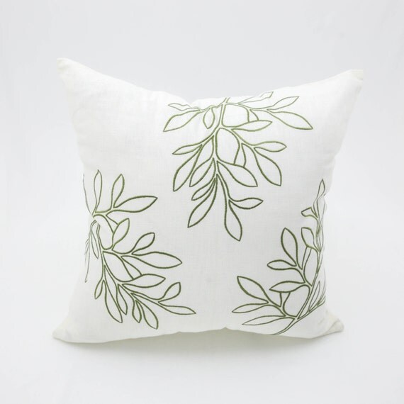 Leaves Decorative Throw Pillow Cover Cream Linen Green Leaves