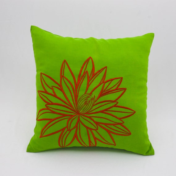 Orange Green Decorative Pillow Cover Green Linen Orange Lotus