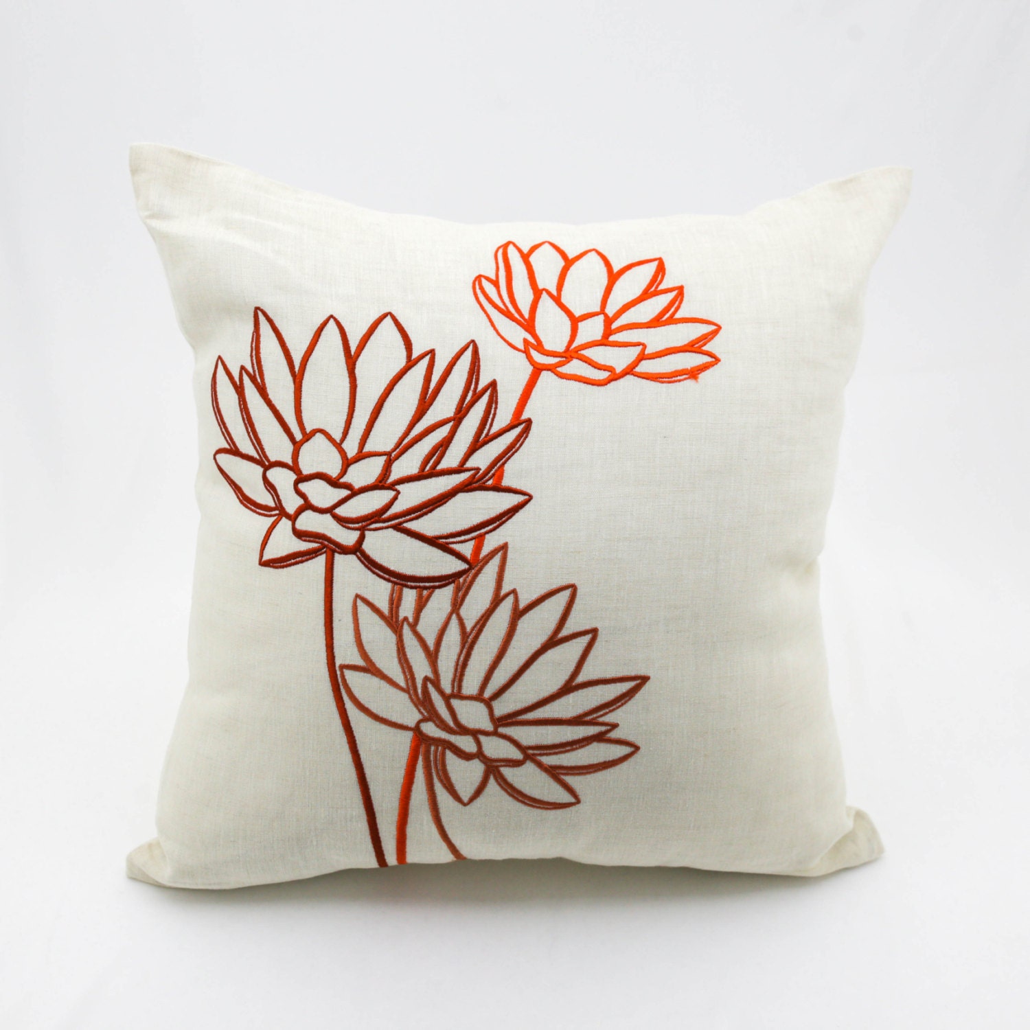 Lotus Pillow Case Floral Throw Pillow Beige Linen Orange