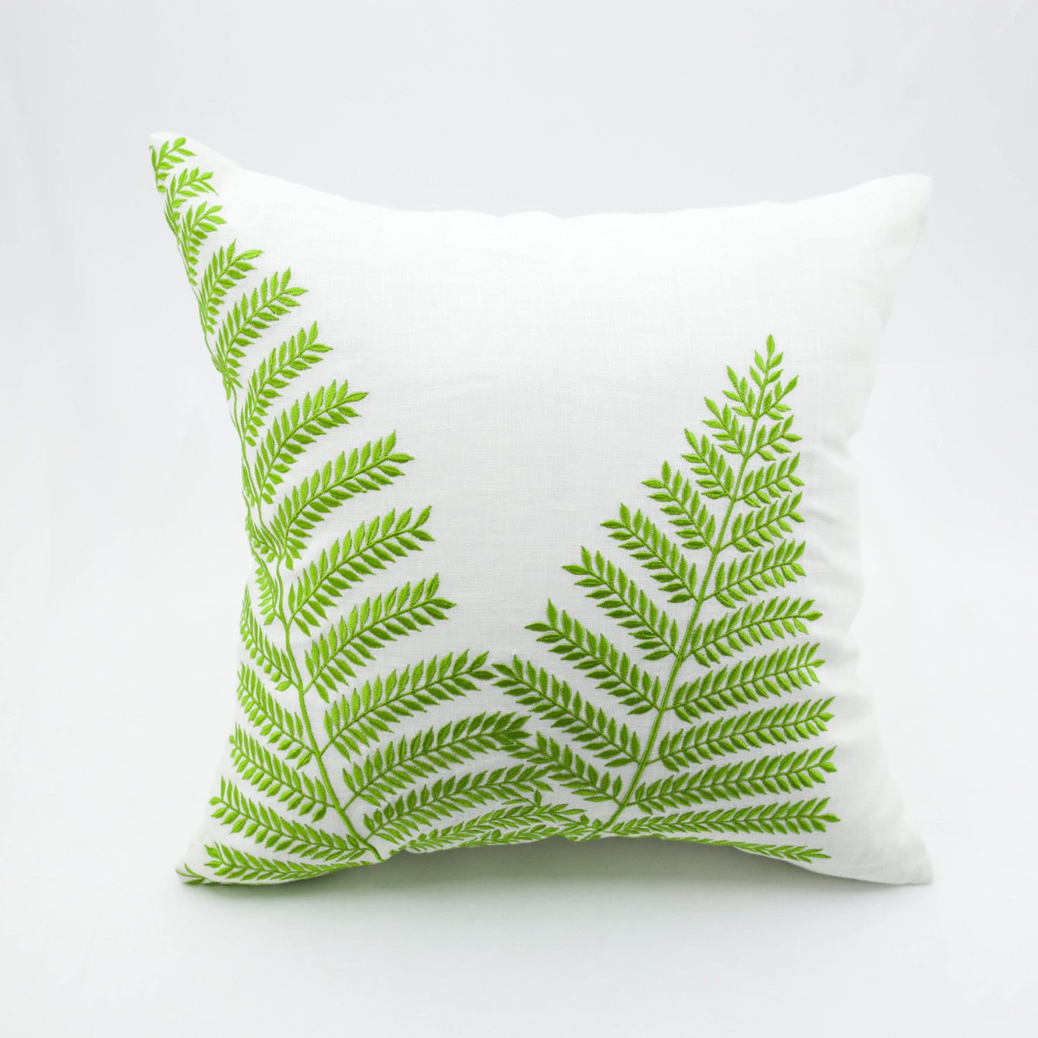 Fern Pillow Cover Cream Linen Green Leaf Embroidery Home