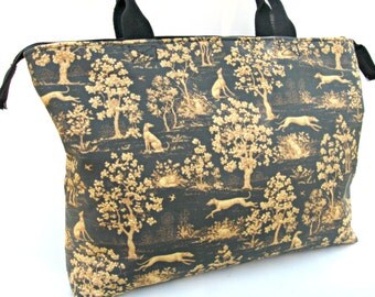 Handmade Greyhound toile tote, purse, bag. Black, fawn, tan, linen, cotton, meet and greet, zippers, pockets, roomy, eco.