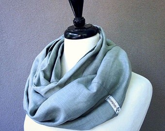Linen wrap scarf, sage grey infinity wrap, oversized linen scarf, pale green linen infinity scarf ready to ship