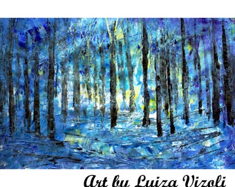 BLUE Acrylic Original Abstract Painting WINTER FOREST Palette Knife Trees Landscape Artwork by Luiza Vizoli