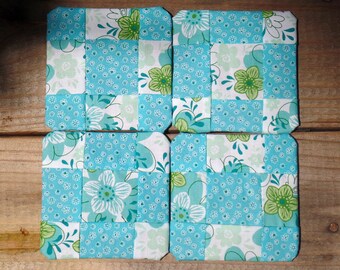 Aqua and Lime Green Floral Quilted Coasters